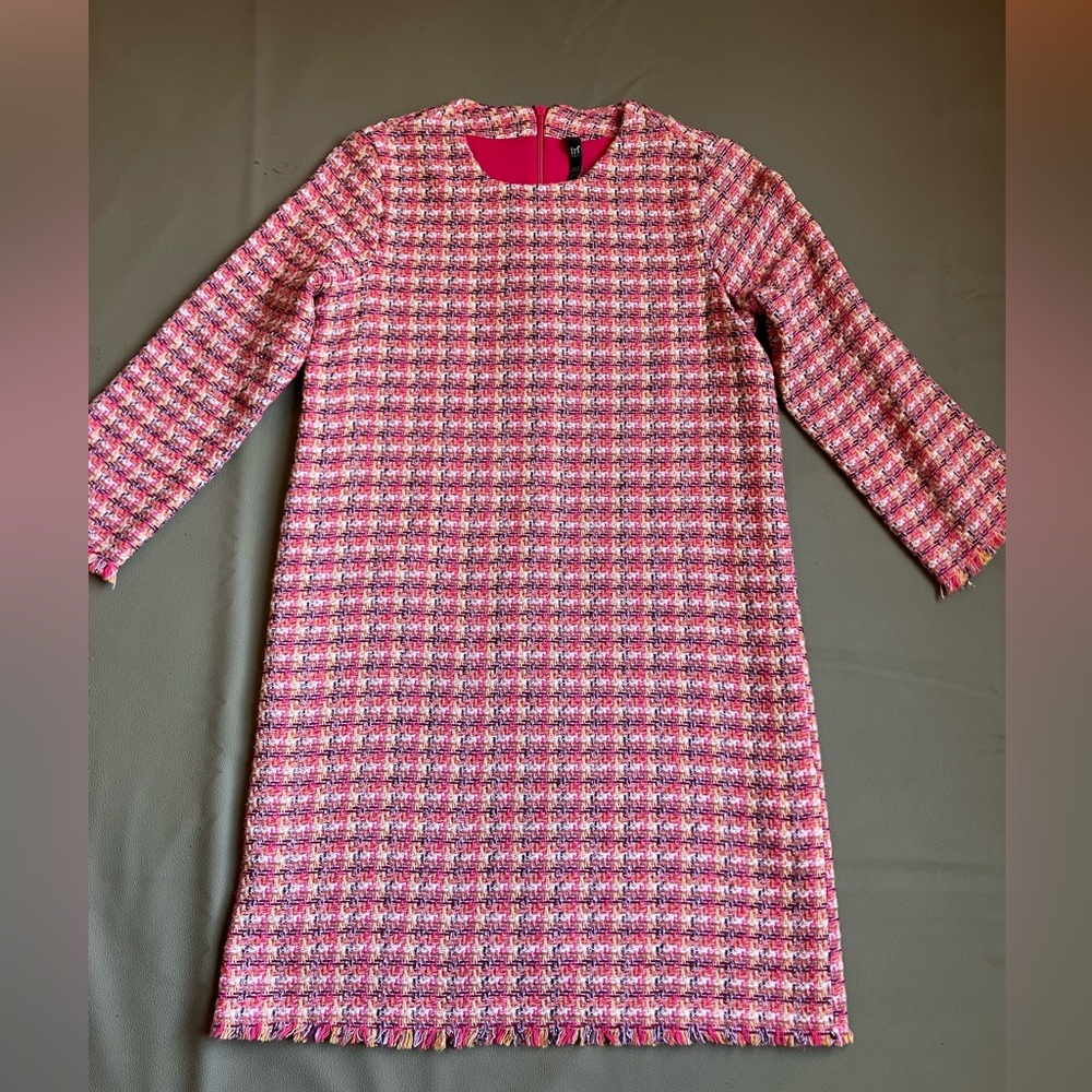 Zara TRF Tweed Shift Dress Pink Multicolor Fringe Trim 3/4 Long Sleeve XS